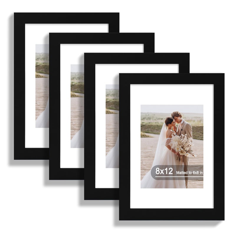 Hongkee 8x12 Picture Frame Set of 4, Made of Real Glass and Black Wooden Frame - Display 6x8 Picture with Mat or 8 x 12Poster Without Mat, 8 by 12 Photo for Wall or Tabletop - Image 1